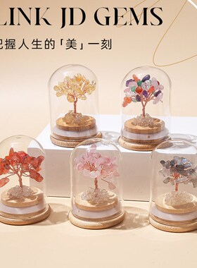 天然水晶发财树许愿瓶玻璃罩生命树水晶碎石工艺品能量礼物消磁石