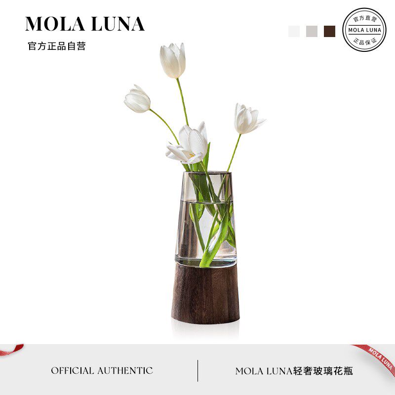 MOLATung花瓶家用餐桌轻奢木托玻璃摆件水养插花花器丨桐璃
