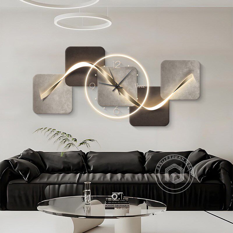 2024新款意式极简客厅装饰画线条挂钟轻奢带led灯沙发背景墙挂画
