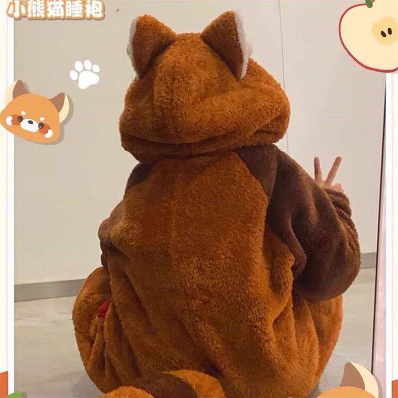 小浣熊睡衣女冬季睡袍珊瑚绒加厚加绒长款睡袍秋冬天家居服套装yw