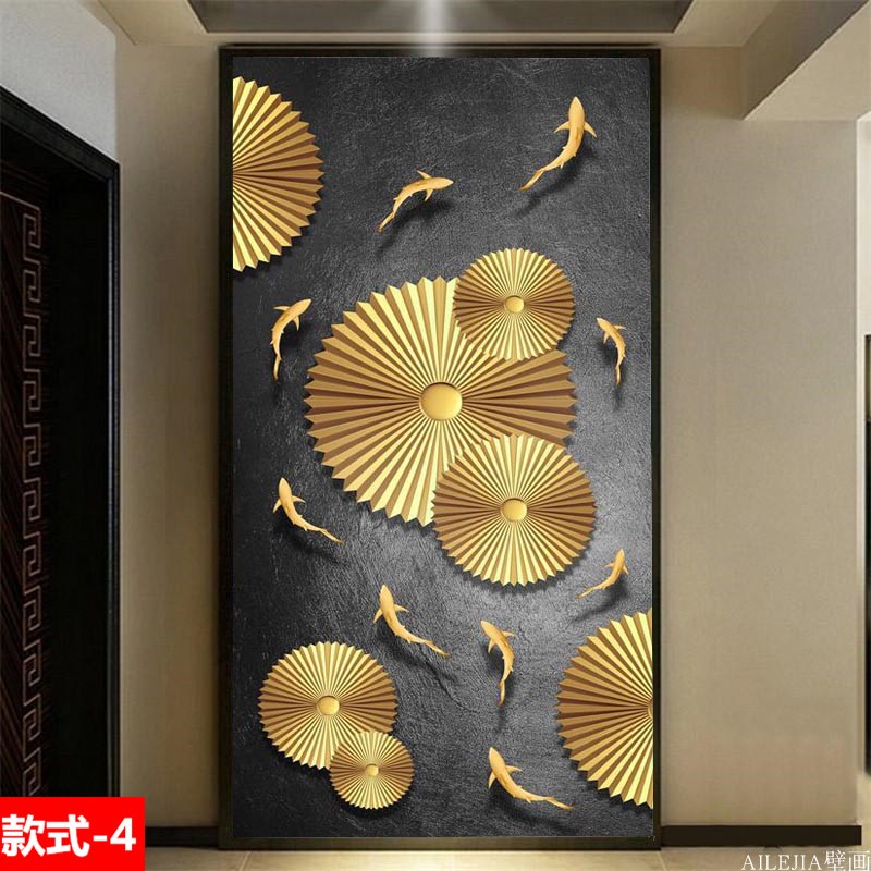 新中式5D金色浮雕九鱼图玄关3D过道背景墙画墙纸墙布壁纸画8D壁布