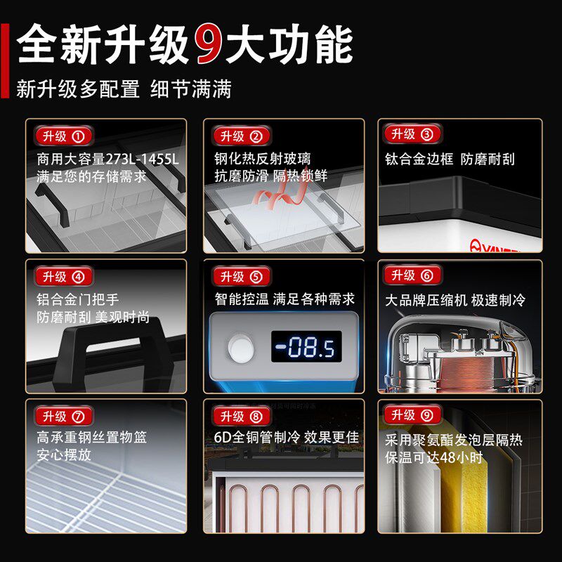 扬子冰柜商用冷冻柜卧式玻璃展示柜冷藏岛柜超市大容量冷柜雪糕柜