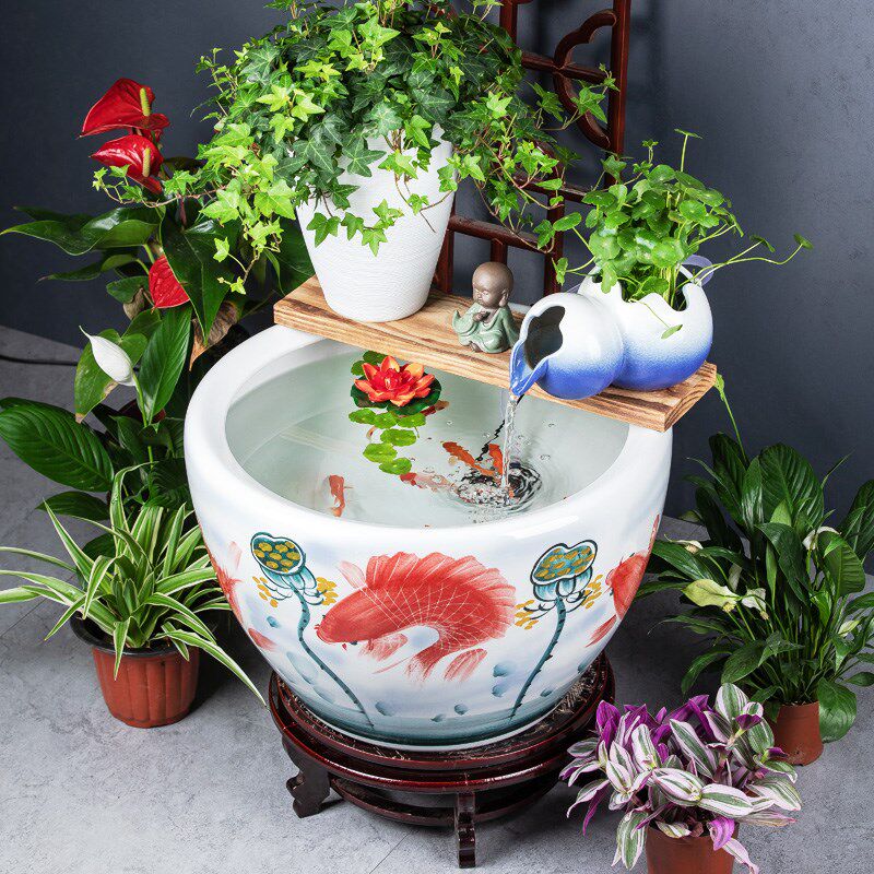 景德镇手绘陶瓷鱼缸大缸水缸阳台睡莲荷花缸室外庭院古法养金鱼缸