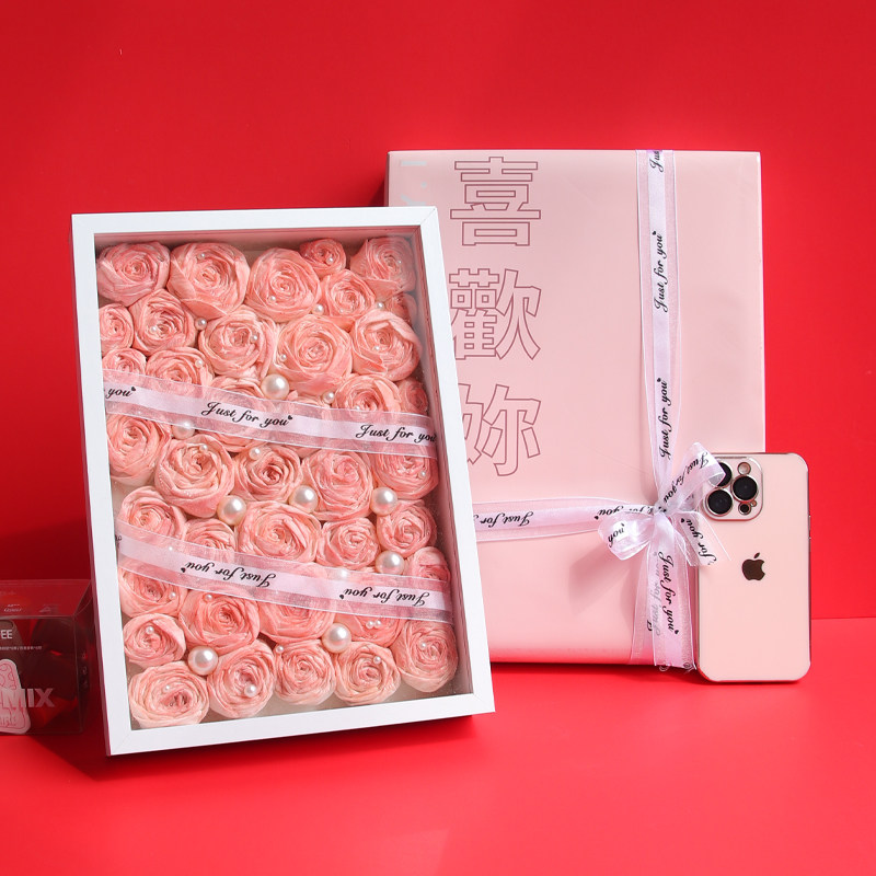 纸巾玫瑰花相框摆台立体白色永生花干花相框手工diy框架中空画框