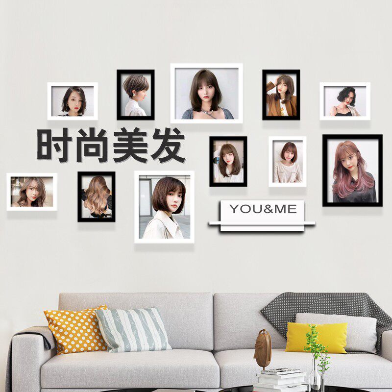 理发店墙面装饰发型图片挂画背景墙壁画发廊墙画美发店相框组合画