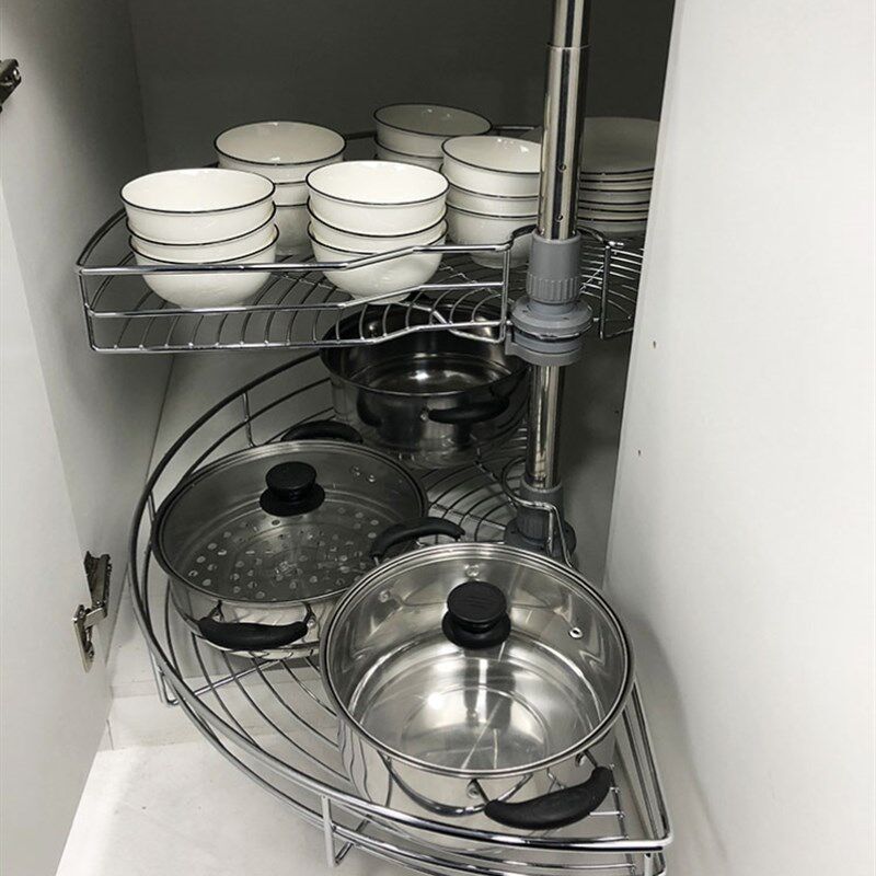 橱柜装碗拉栏厨房橱柜转角转盘收纳小怪物双层联动不锈钢拐角置物