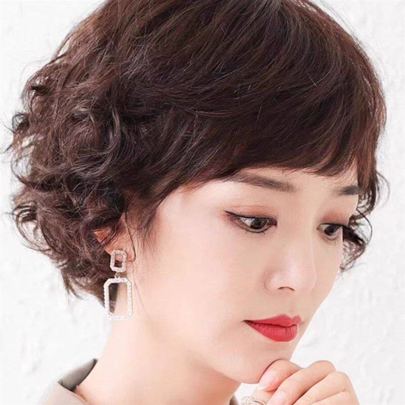 假发短发女真发全真人发妈妈款全头套中老年短卷发自然假发梨花烫