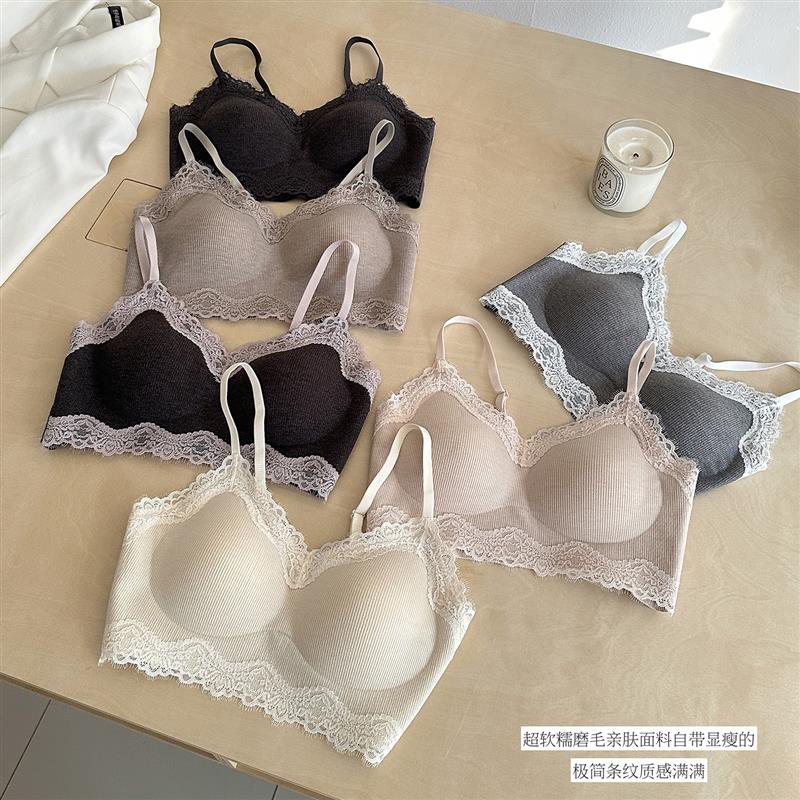 法式蕾丝磨毛保暖内衣女新款小胸聚拢无痕防下垂美背吊带裹胸文胸