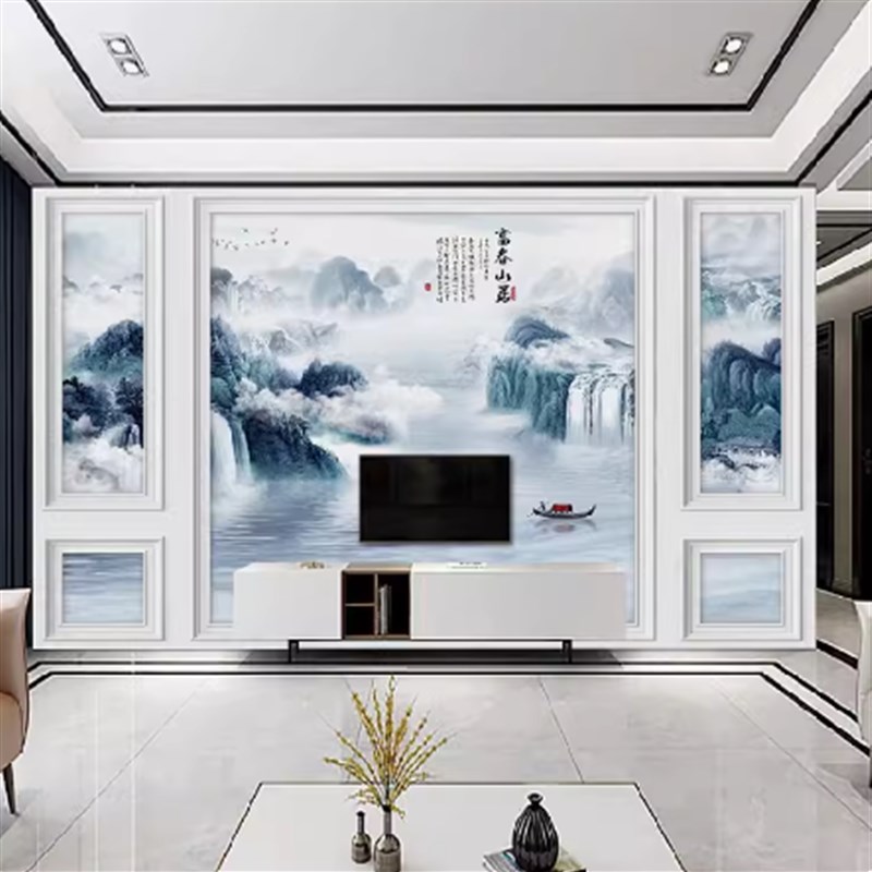 2024新中式8D立体墙布壁画五宫格山水画壁布客厅电视背景墙布壁画