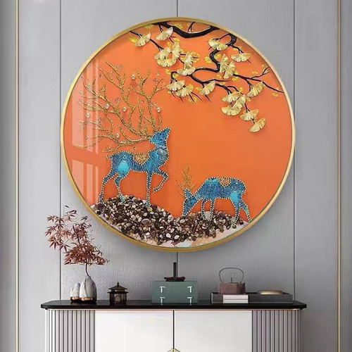 现代简约圆形玄关装饰画餐厅过道走廊轻奢立体实物挂画手工镶嵌画