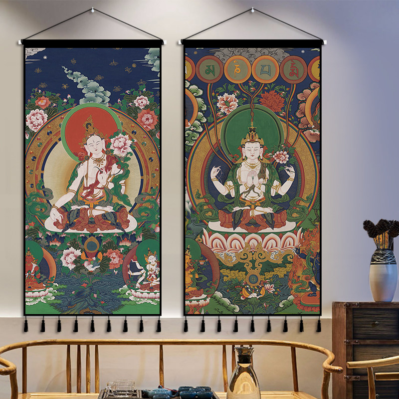 藏式唐卡挂画布艺挂毯装饰画竖版壁画墙布玄关过道挂布背景布定制
