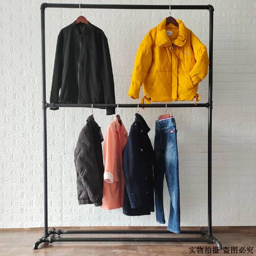 水管晾衣架双层展示架铁艺落地架复古龙门架简易家用服装中岛架