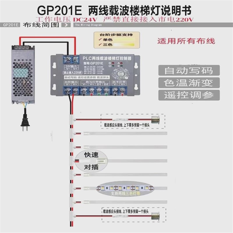 楼梯踏步灯带人体感应LED别墅农村自建房楼梯灯免布线台阶灯两线