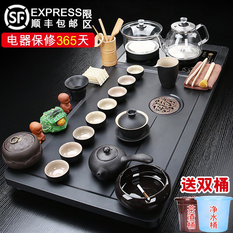 全自动茶具套装玻璃烧水壶茶盘一体整套茶台家用单层茶海大号简约
