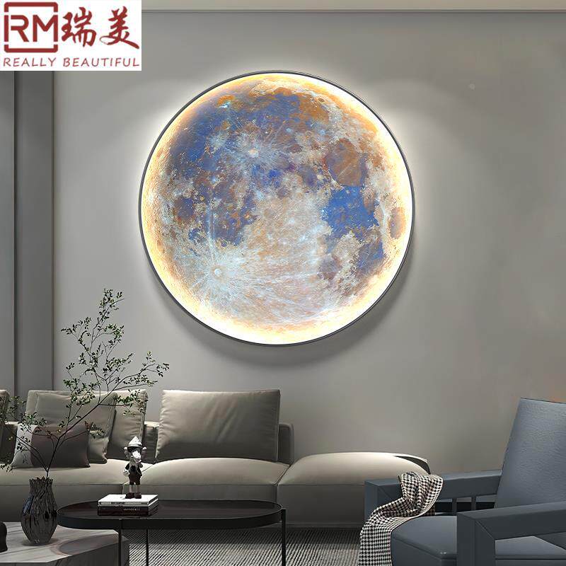 现代轻奢月球星球玄关卧室圆形装饰画客厅沙发背景墙led灯墙壁画