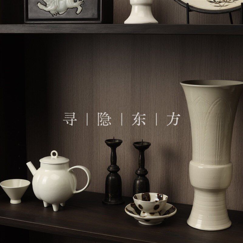 新中式书柜组合宋代美学仿古茶具白瓷陶器漆盒软装陈设摆件