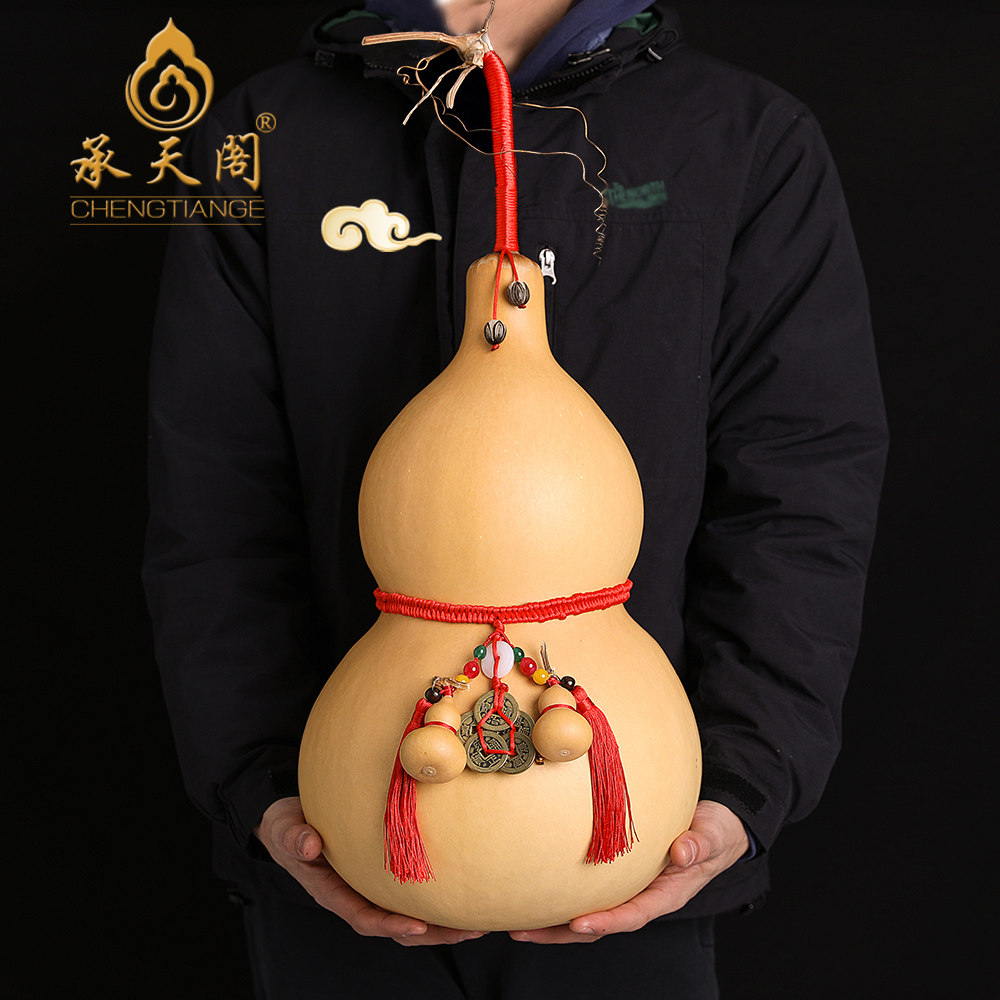 高档天然葫芦摆件五帝铜钱摆件办公家居玄关大气招財纳福真品葫芦