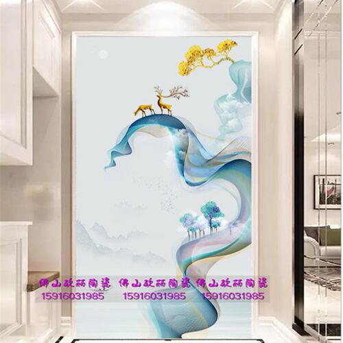 过道玄关画瓷砖岩板背景墙微晶石大理石雕刻立体抽象新中式发财树