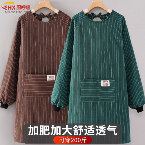 加大棉布围裙罩衣长袖冬季2025新款工作服男女士加肥加厚厨房家用