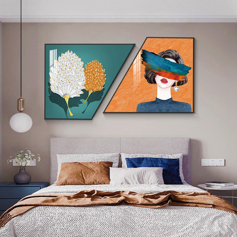 轻奢人物卧室床头装饰画高级感挂画羽毛主卧房间温馨背景墙面壁画
