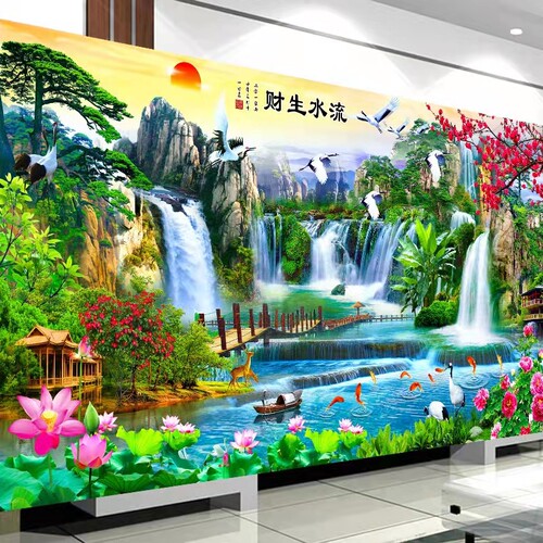 纯手工钻石画成品流水生财点钻十字绣新款客厅大幅风景山水挂画