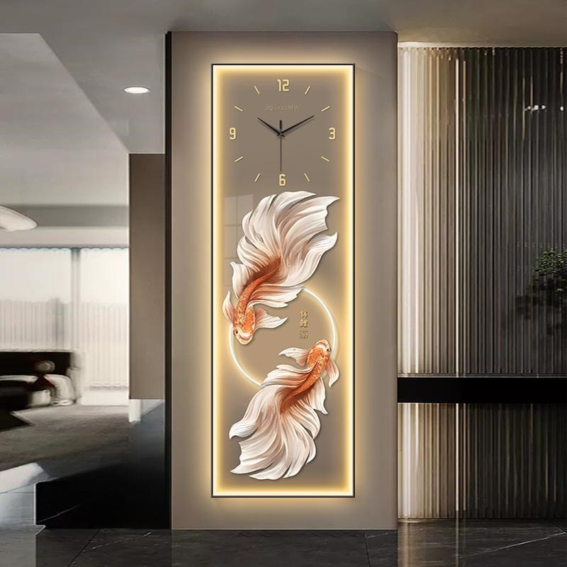 富贵孔雀玄关装饰画钟表挂钟现代轻奢窄长条客厅过道创意时钟壁灯