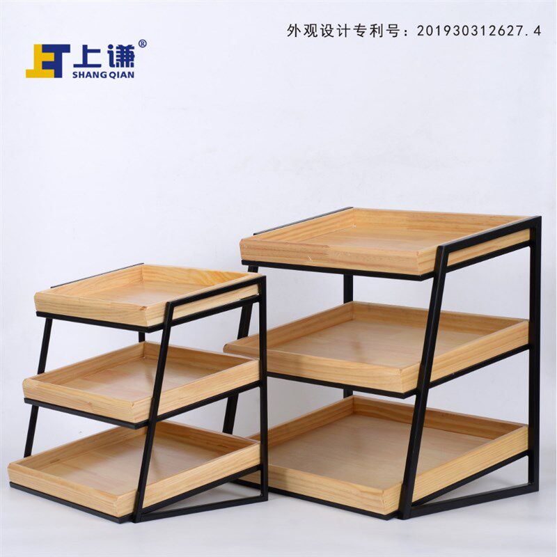 上谦三层松木斜面盘展示架铁架面包蛋糕干点水果店商用小型展示柜