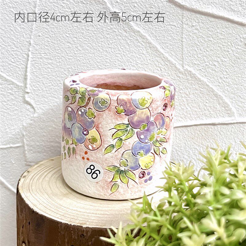美子手绘笔筒釉烧拇指多肉花盆清新可爱花卉动物肉锥景天透气粗陶