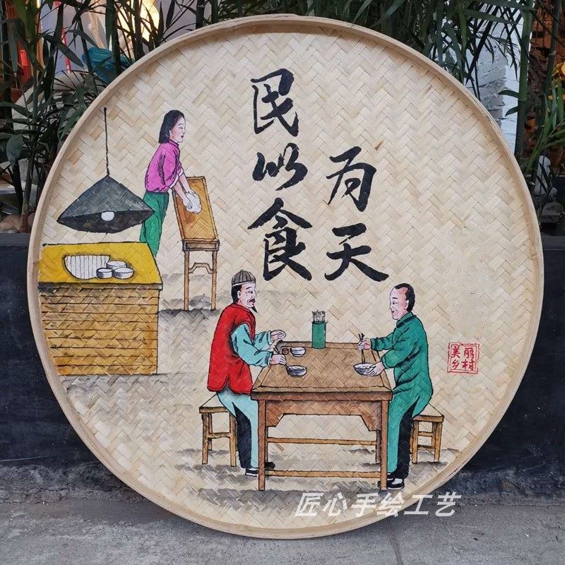 手绘新款人物无框画墙面装饰饭店农家乐圆形墙饰茶室墙壁挂饰挂件