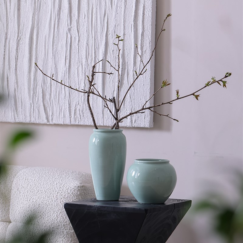 八一陶瓷花瓶青瓷摆件客厅干花插花水培新中式复古陶罐家居装饰品