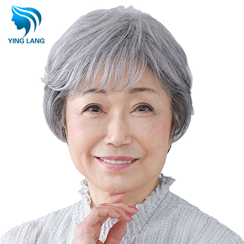 中老年假发女短发妈妈款真头发透气 女士花白色奶奶假发套全真发