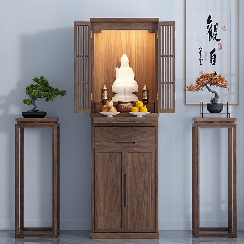 黑胡桃木佛龛新中式立柜家用神龛带门佛柜实木神台柜财神爷供奉台