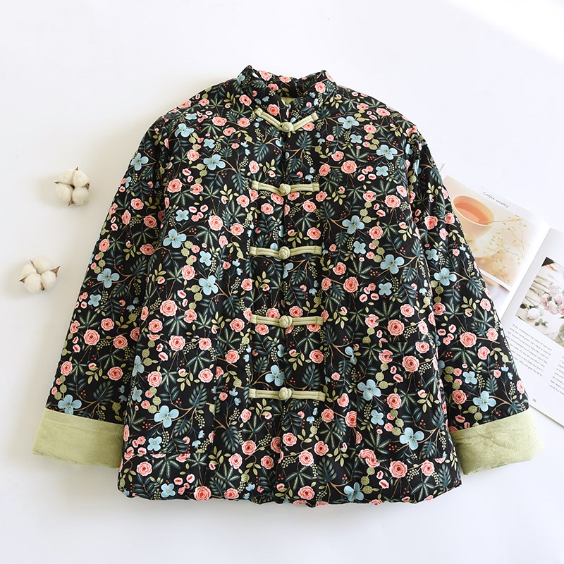 女士花棉袄手工盘扣 复古中国风棉衣保暖棉服秋冬加厚夹棉新中式