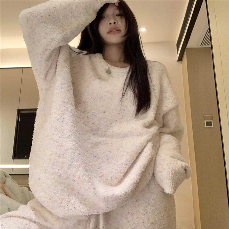 韩版纯色半边绒睡衣女秋冬2025新款海岛绒加厚加绒家居服套装冬季