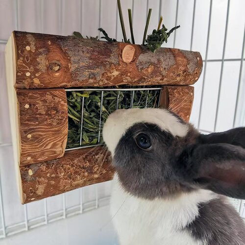 龙猫草架盒兔子荷兰猪实木不锈钢网食盆可悬挂固定大容量木制草架