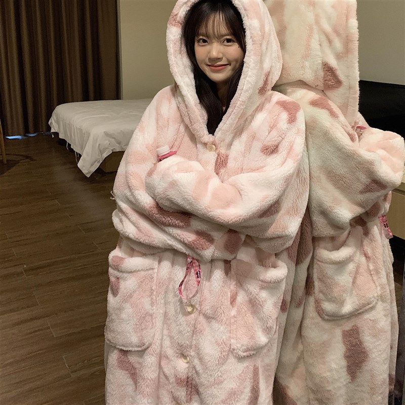 加绒加厚珊瑚绒睡衣女冬季连帽睡袍家居服套装秋冬2024新款可外穿