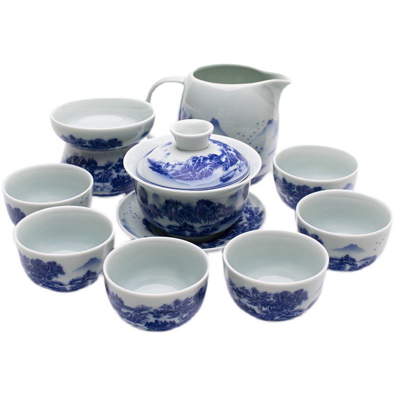 青花功夫茶具山水纠结莲套装