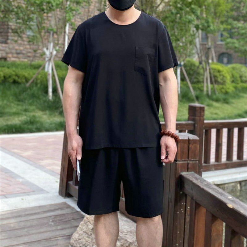 夏季中老年男士绵绸套装爸爸装棉绸人造棉睡衣家居服短袖短裤大码