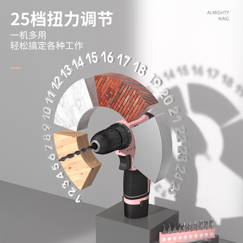 12V粉色仙女系列电动螺丝刀 无极变速手持电钻机家用冲击式工具组