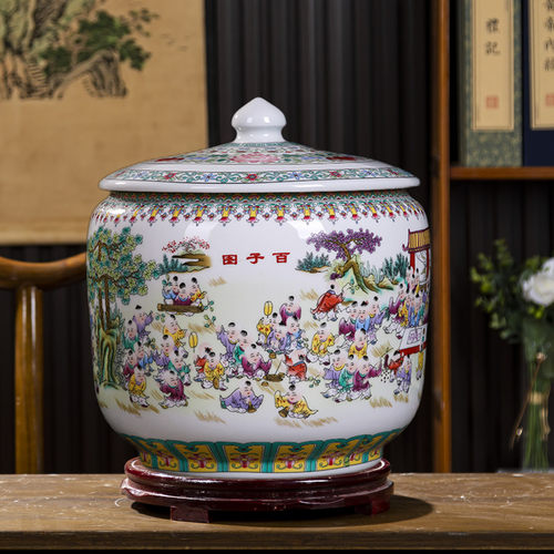 景德镇陶瓷面缸20斤30斤装大米桶家用米缸带盖子密封防潮虫茶饼罐