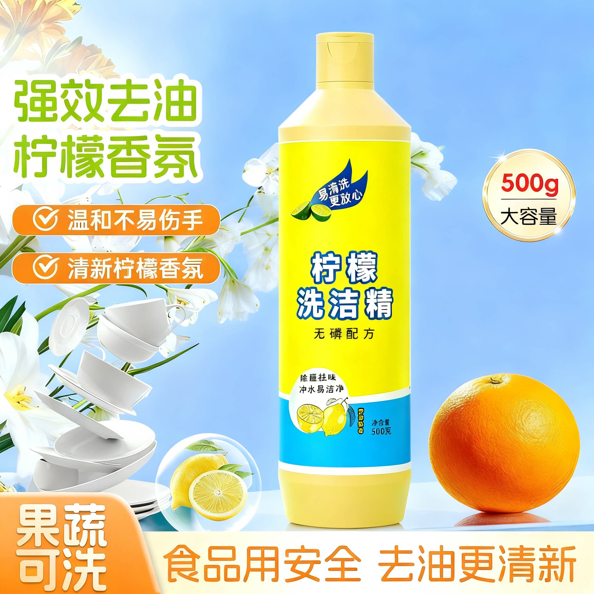 蓝漂柠檬洗洁精500g瓶装去油祛味果蔬安心洗易冲洗厨房清洁不伤手