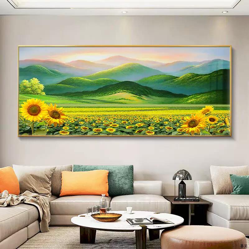 壁画巨人沙发背景墙现代简约装饰画山风景挂画向日葵客厅横幅餐厅