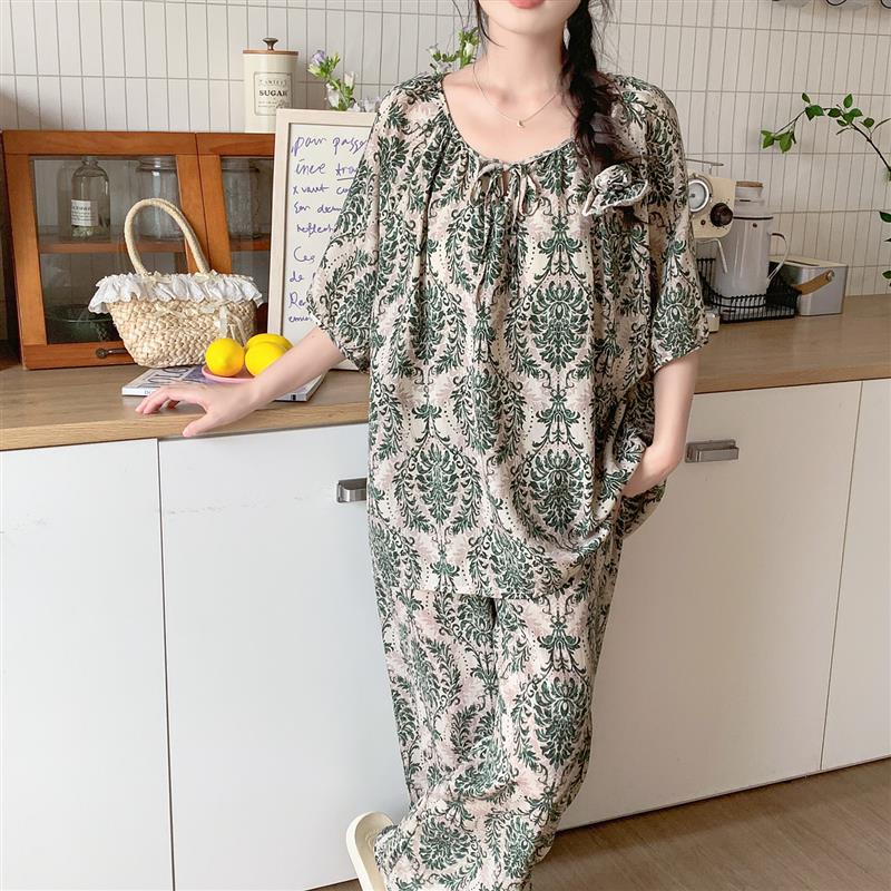 带胸垫棉绸睡衣女夏短袖长裤薄绵绸妈妈家居服人造棉套装超火网红