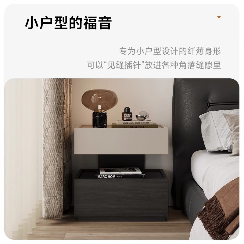 意式极简实木床头柜带灯一体悬浮式床边柜轻奢高级感主卧室储物柜
