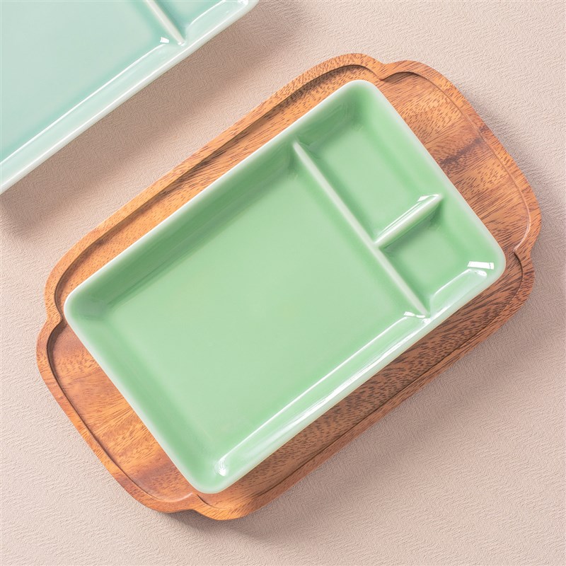 陶瓷分格餐盘家用薯条鸡米花蘸料调料长方形盘子小吃碟子青瓷餐具