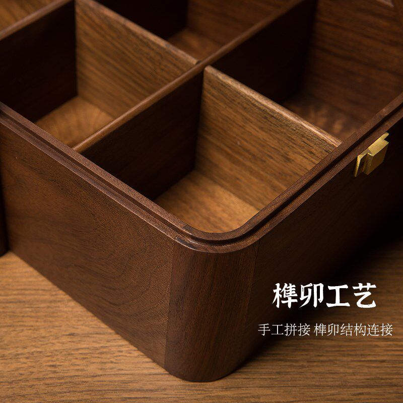 黑胡桃实木糕点收纳盒便携式带提手果盒带盖分格轻奢新中式干果盒