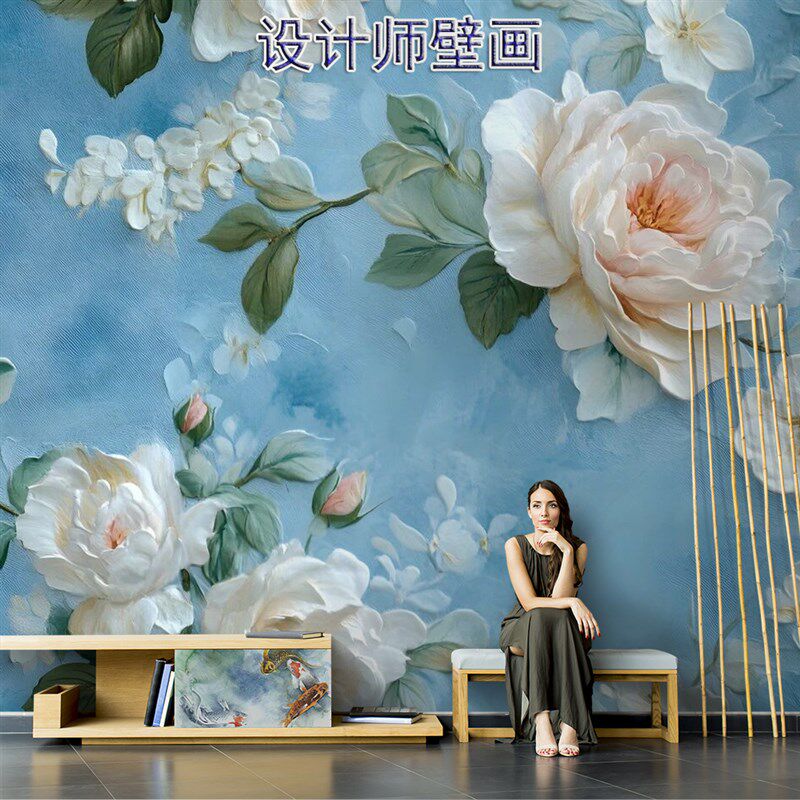 简约现代唯美牡丹花朵壁纸浮雕立体墙布客厅卧室背景墙纸无缝壁画
