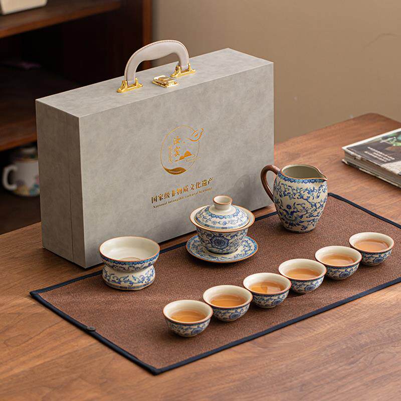 汝窑青花瓷茶具套装家用办公茶壶盖碗茶杯功夫茶具整套送礼礼盒装