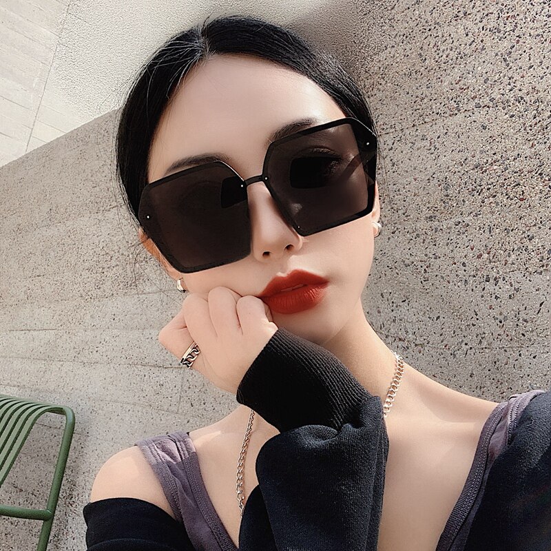 韩版大框黑色无边框眼镜偏光镜面墨镜女开车驾驶镜方形大脸太阳镜