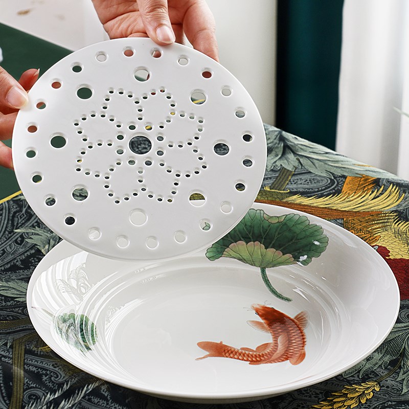 骨瓷创意陶瓷餐具饺子盘沥水双层盘家用菜盘子双用拆卸水饺盘餐盘